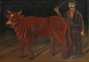 Ganado Vaca Toro Painting - granjero con un toro 1916